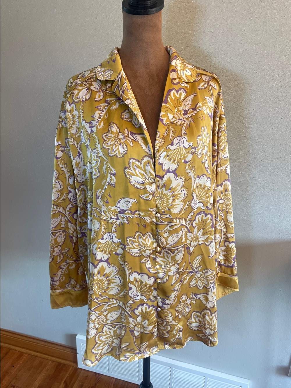 Free People “Dreamy Days” Floral Satin Pajama Top - Mustard Yellow & White